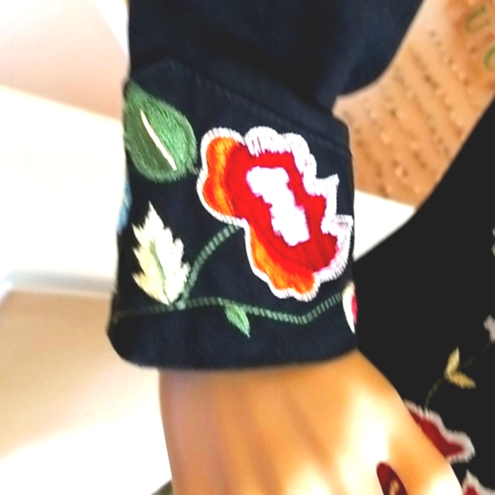 DOUBLE D RANCH DD Black Suede Leather Turq Snaps Floral Embroidery Shirt Blouse - Picture 7 of 10